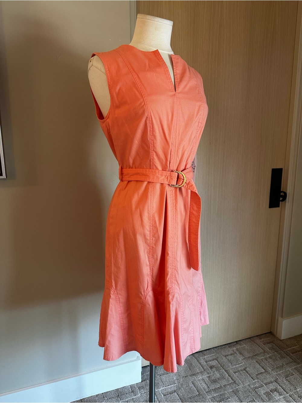 Calvin Klein Coral-Orange Sleeveless Belted Midi Dress